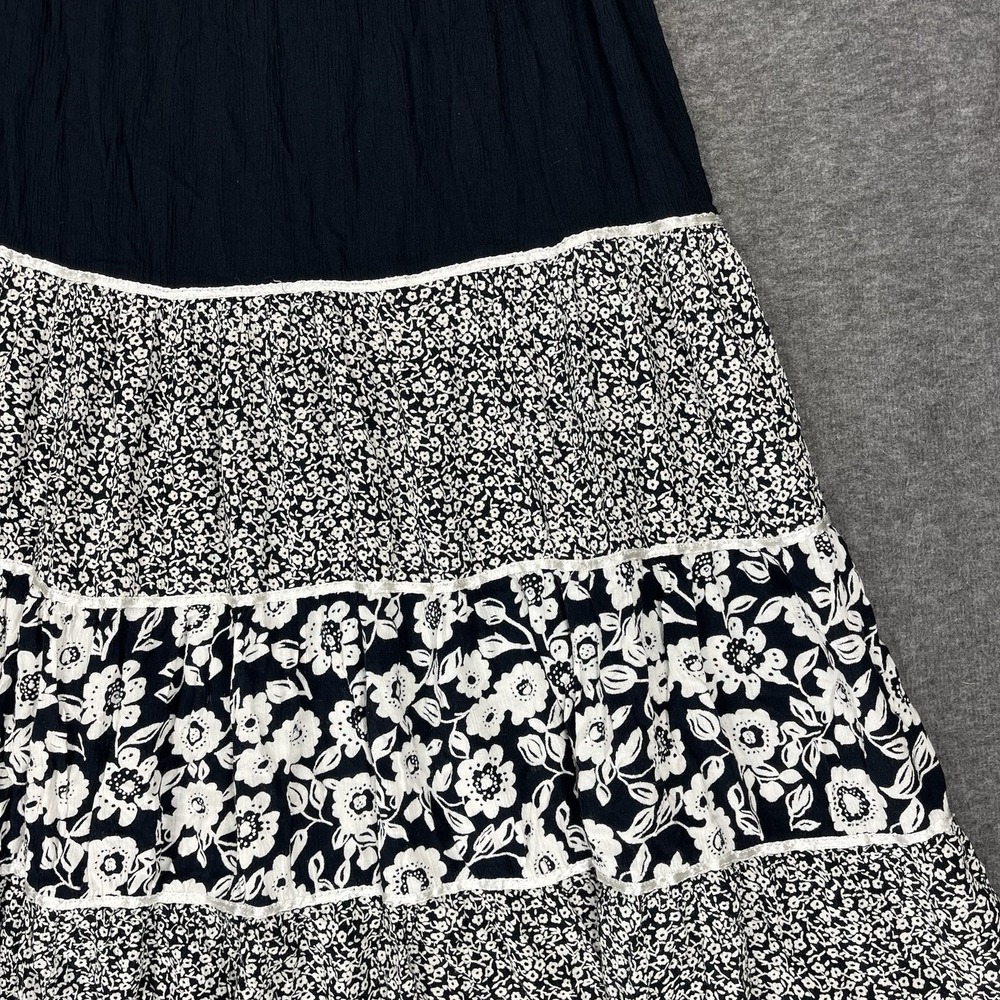 Vintage Cathy Daniels Peasant Skirt Size M Black White Floral Tiered Midi Boho - Picture 4 of 14